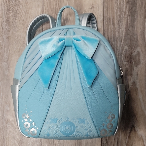 Blue and Silver Backpack with Bow and Floral Design